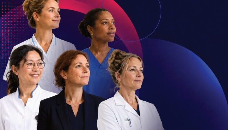 5 vrouwelijke zorgprofessionals op een blauw, roze achtergrond